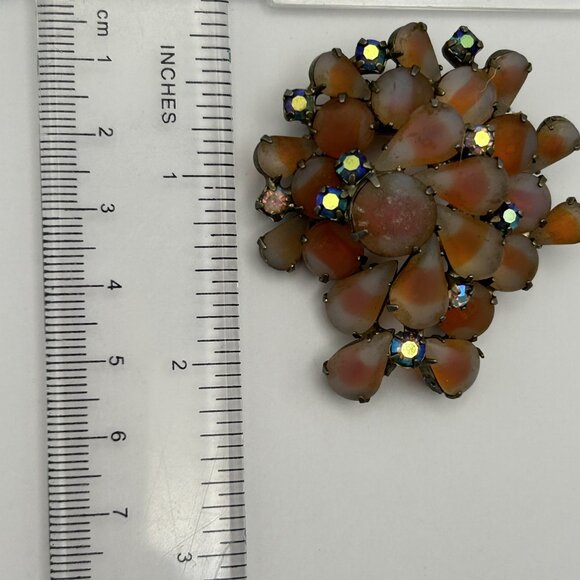 Vintage 1950s Orange Givre Glass Cabochon Arora Borealis Rhinestone Brooch - Picture 7 of 15